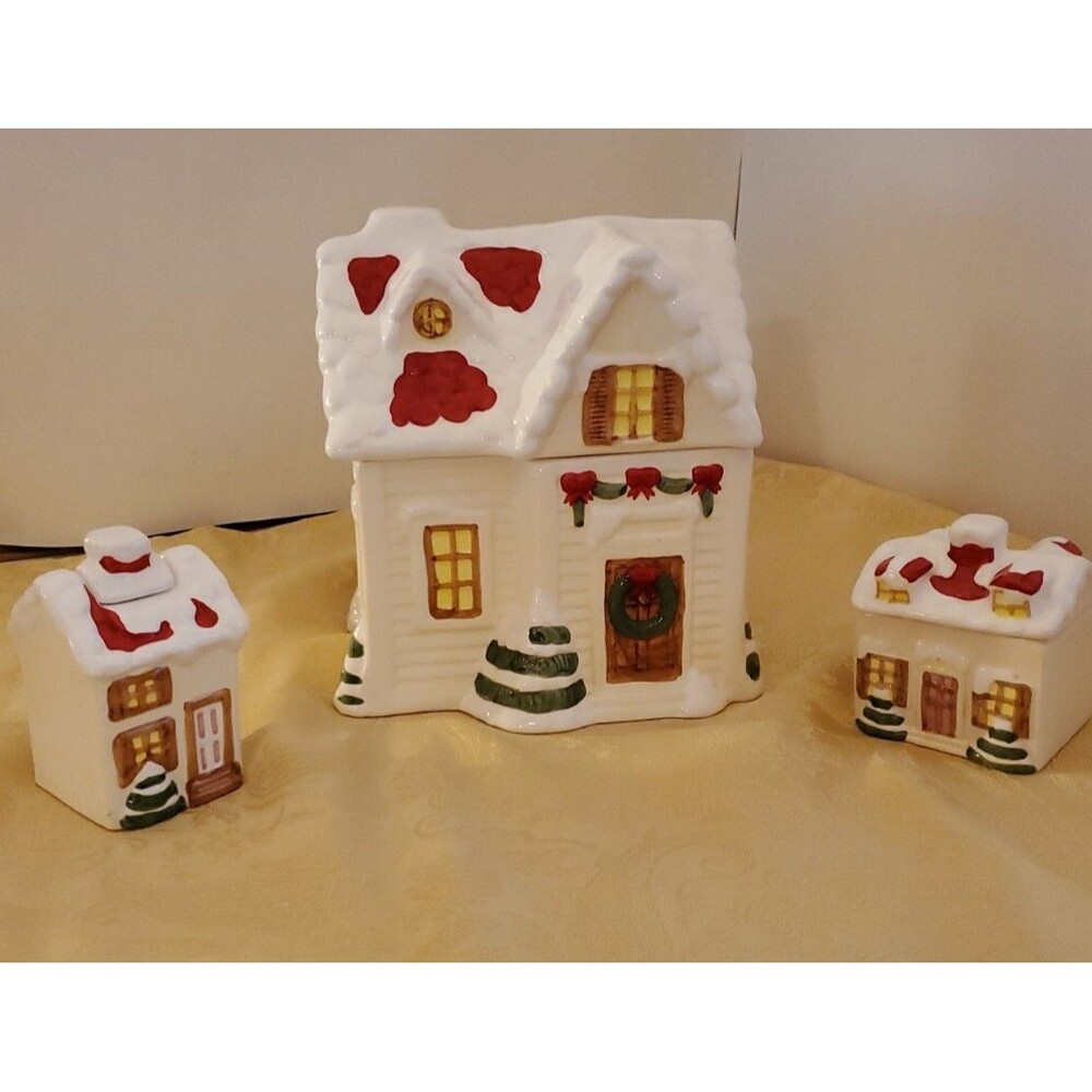 Vintage Omnibus OCI Christmas House Ceramic Cookie Jar  & milk & sugar cottages